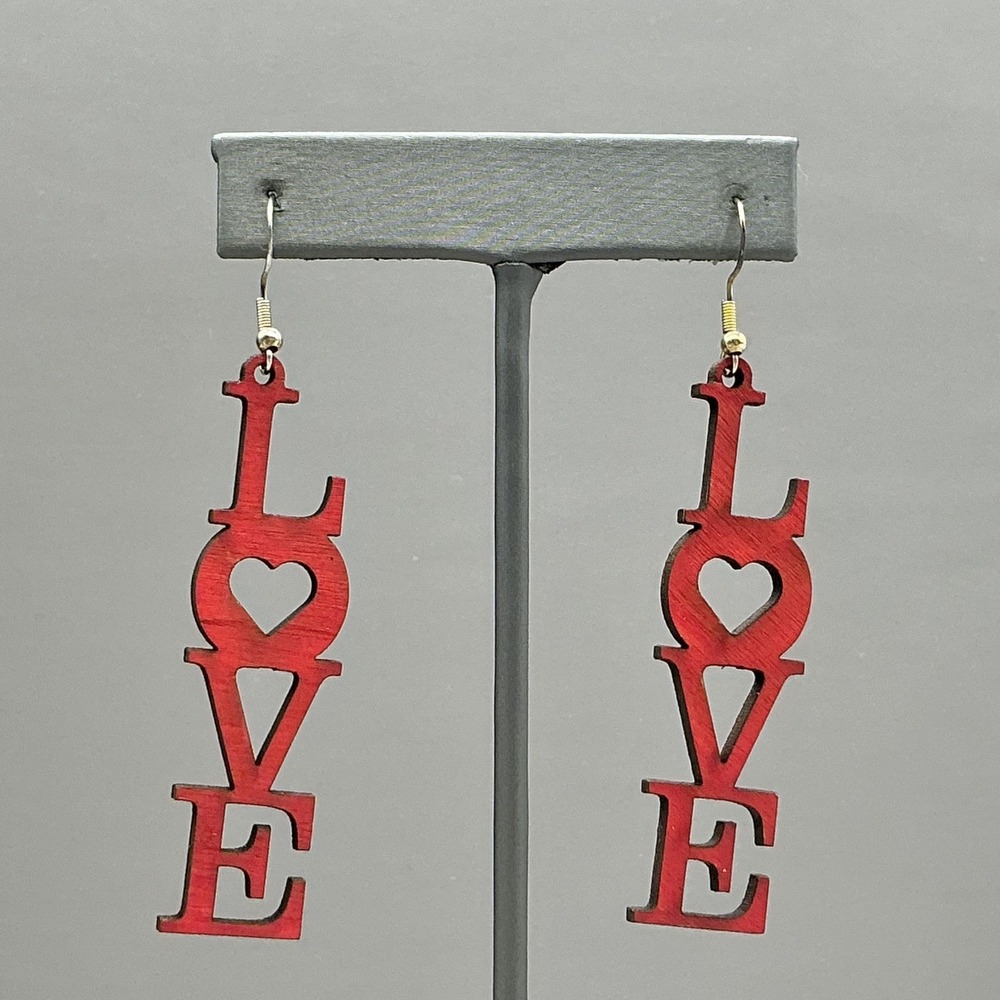 Earrings Red Wood LOVE Heart Dangle‎ Drop Womens Love Theme Statement Jewelry